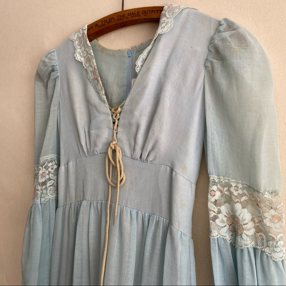 Vintage 70s Blue Long Poet Sleeve Prairie Maxi Dress Gunne Sax Like Thrashed XS - Picture 3 of 10
